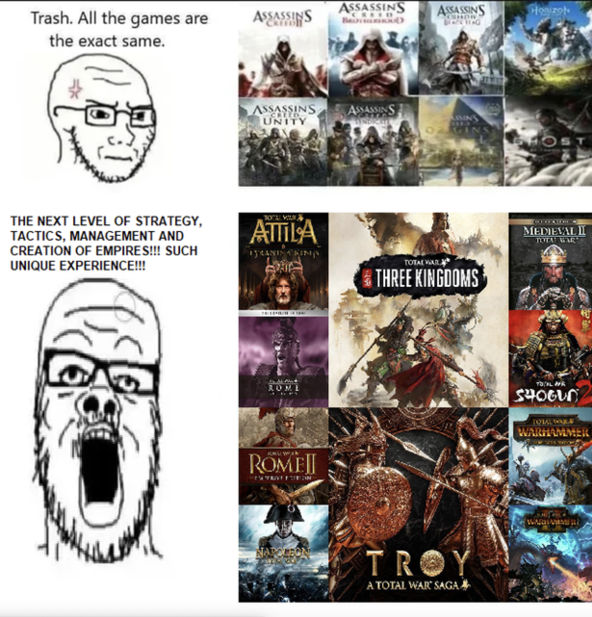 Gaming memes - poster - Trash. All the games are the exact same. The Next Level Of Strategy, Tactics, Management And Creation Of Empires!!! Such Unique Experience!!! Assassins Creedi Assassins Unity Total3
