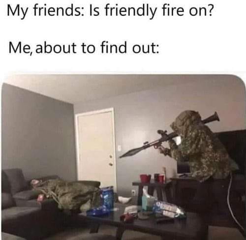 Gaming memes - friendly fire on meme - My friends Is friendly fire on? Me, about to find out