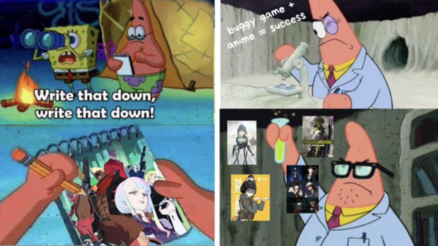 Gaming memes - patrick star - Write that down, write that down! buggy game anime success