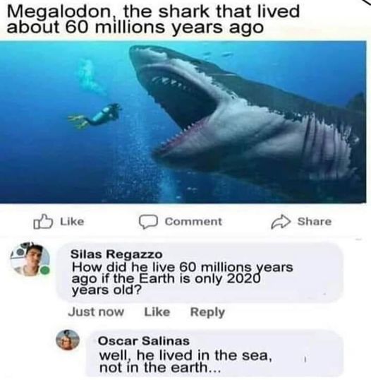 dumb people failing online - fauna - Megalodon, the shark that lived about 60 millions years ago Comment Silas Regazzo How did he live 60 millions years ago if the Earth is only 2020 years old? Just now Oscar Salinas well, he lived in the sea, not in the 