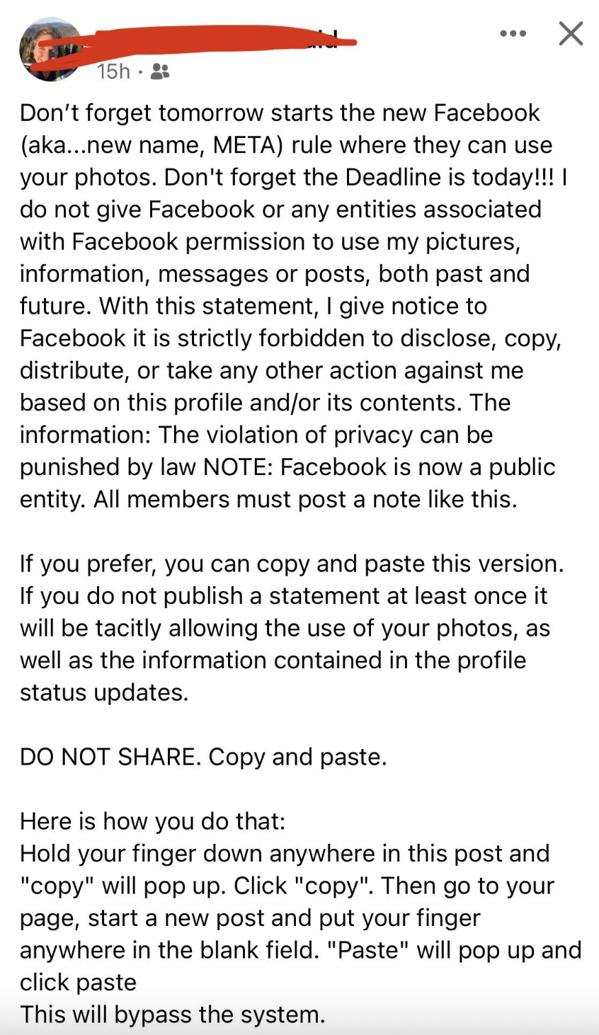 Insane People of Facebook - Don't forget tomorrow starts the new Facebook aka...new name, Meta rule where they can use your photos. Don't forget the Deadline is today!!!! do not give Facebook or any entities associated with Facebook permission to use my p