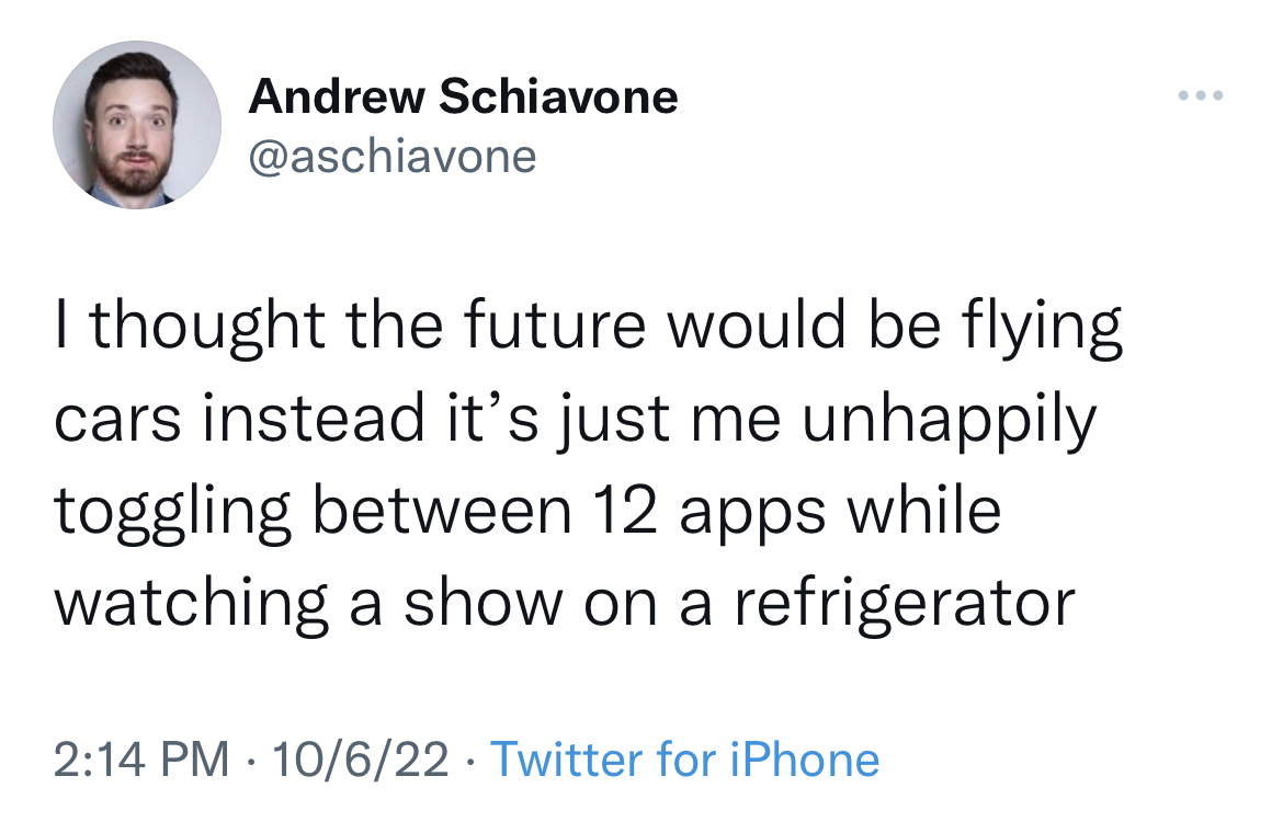 savage and funny tweets - angle - Andrew Schiavone I thought the future would be flying cars instead it's just me unhappily toggling between 12 apps while watching a show on a refrigerator 10622 Twitter for iPhone