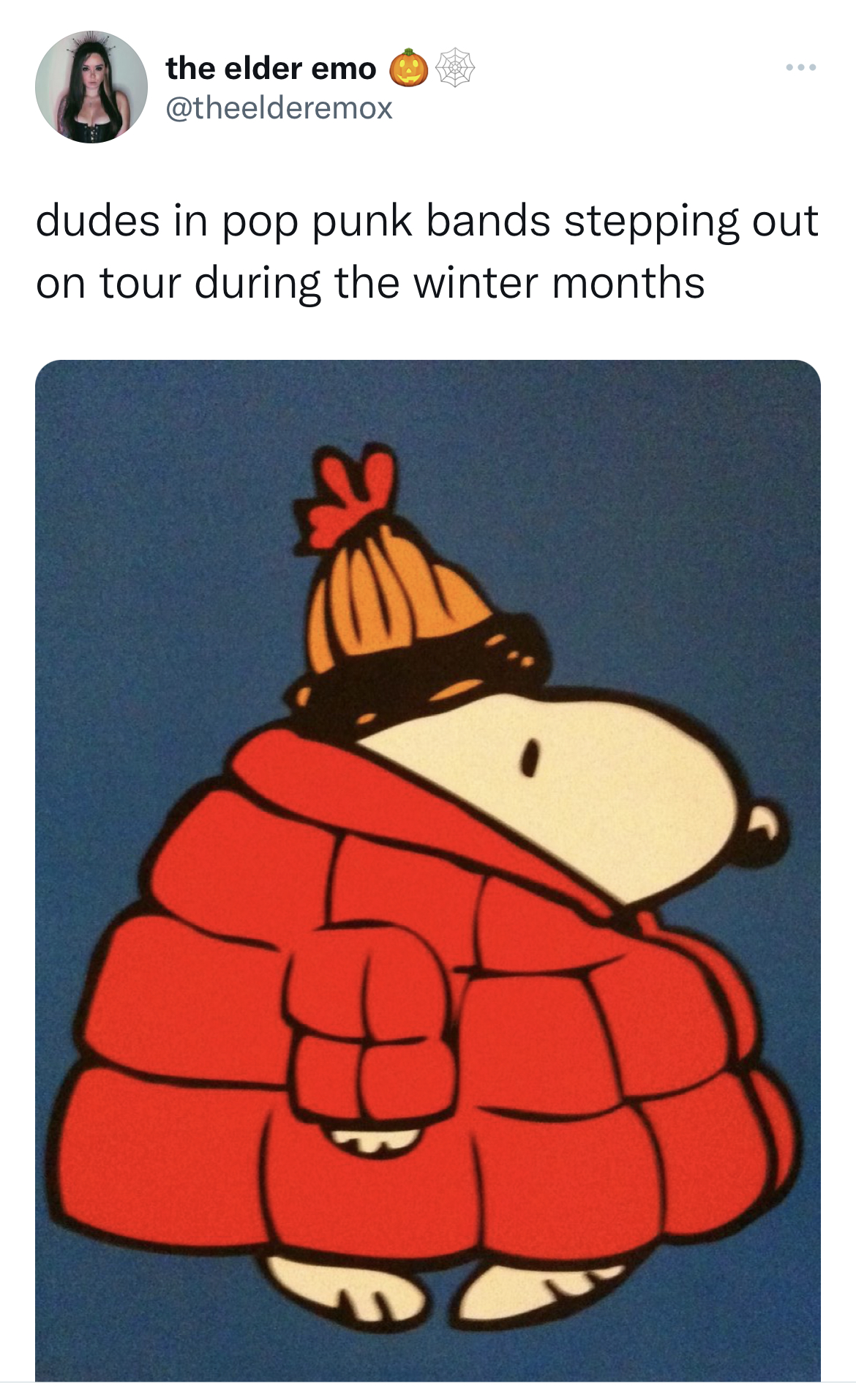 Tweets of the week - snoopy winter coat - the elder emo dudes in pop punk bands stepping out on tour during the winter months