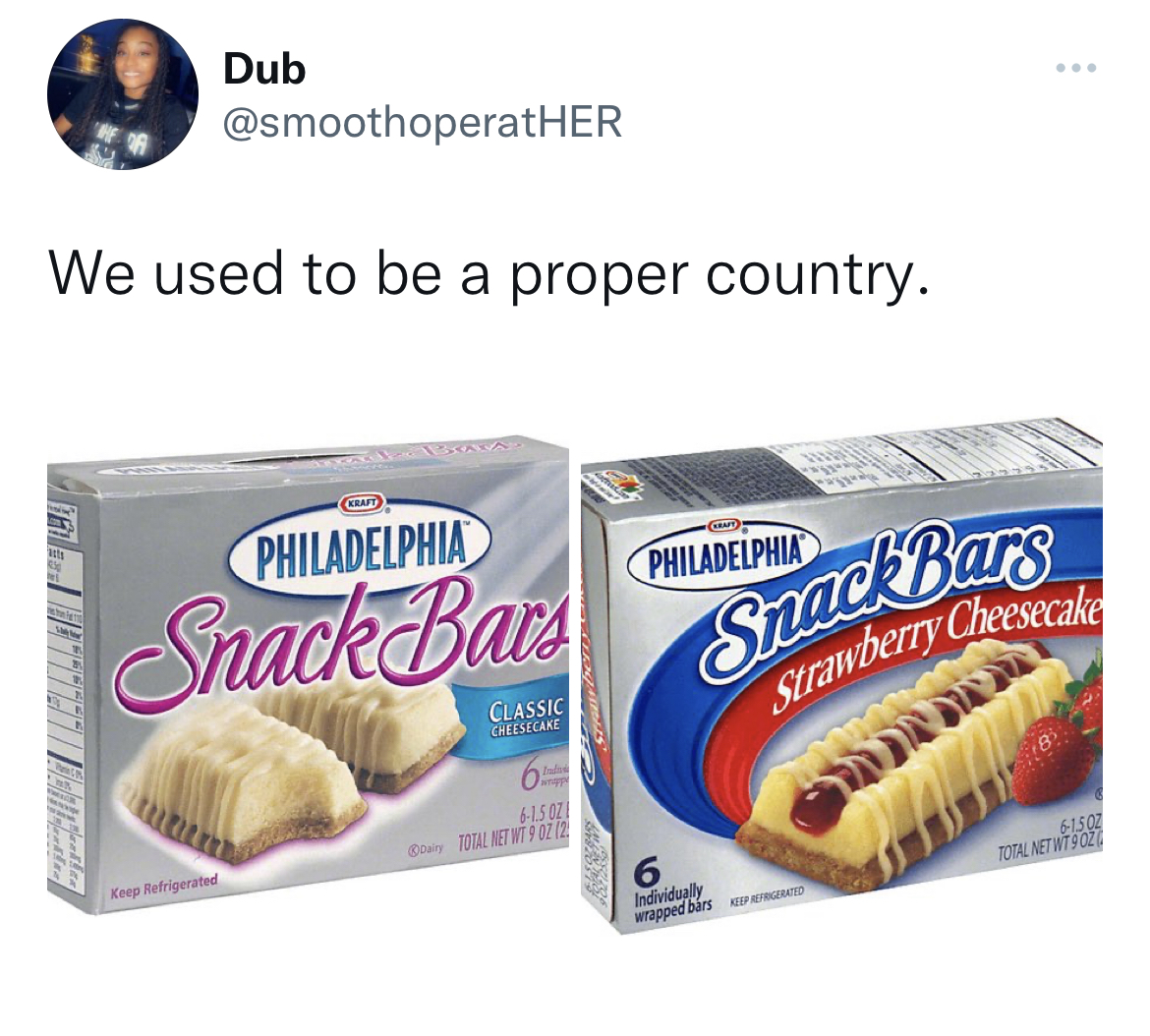 Tweets of the week - philadelphia snack bars - Dub We used to be a proper country. Keep Refriger Cety Philadelphia Snack Bars Classic Cheesecake 615021 D Total Rett FOX12 Samy Philadelphia Snack Bars Strawberry Cheesecake 6 Individually wrapped bars 61300