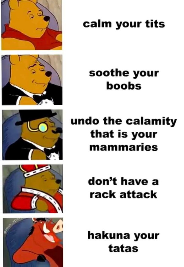 thirsty thursday spicy memes - cartoon - sean spe ta calm your tits soothe your boobs undo the calamity that is your mammaries don't have a rack attack hakuna your tatas