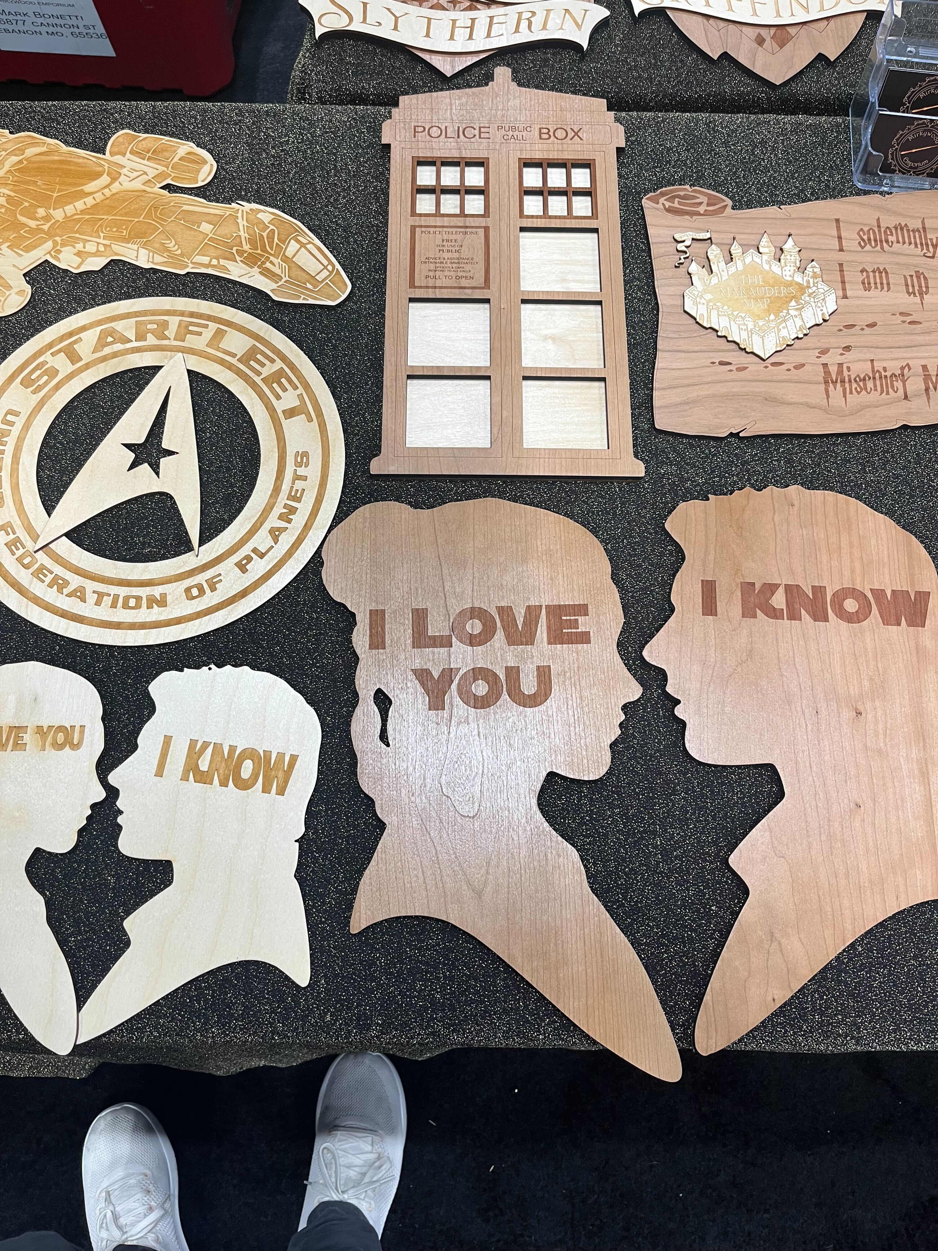 These sweet wood carvings, hitting all the major fandoms. 
