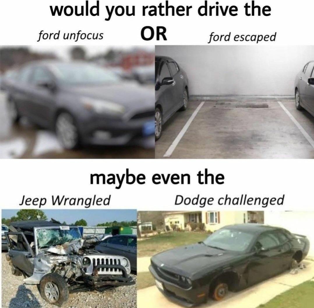 monday morning randomness - Vehicle - would you rather drive the ford unfocus Or ford escaped maybe even the Jeep Wrangled Dodge challenged