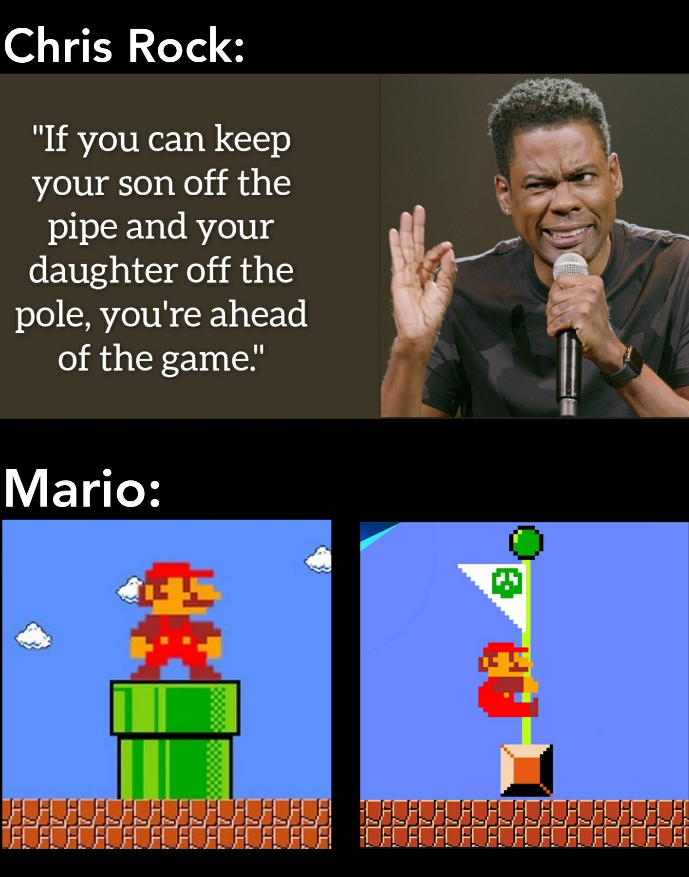 monday morning randomness - super mario - Chris Rock "If you can keep your son off the pipe and your daughter off the pole, you're ahead of the game!" Mario B