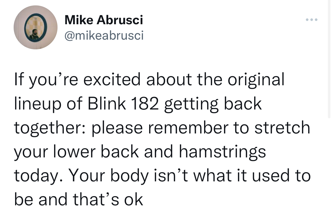Savage and funny tweets - quotes - G Mike Abrusci If you're excited about the original lineup of Blink 182 getting back together please remember to stretch your lower back and hamstrings today. Your body isn't what it used to be and that's ok