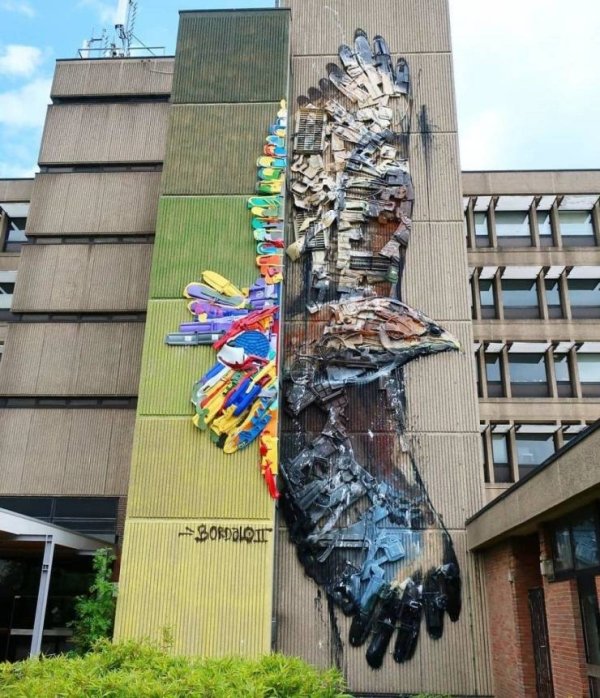 people with impressive talents - wall art installation by waste materials