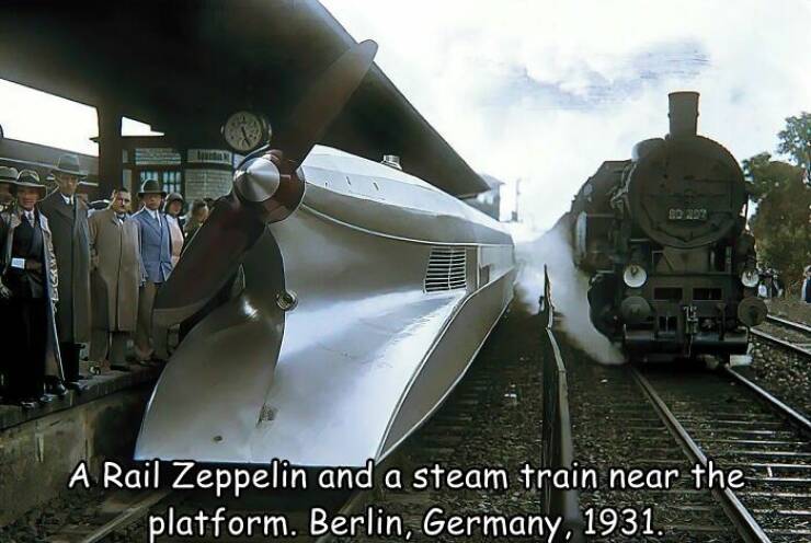 cool random pics for your daily dose - zeppelin train - Ego 80 207 A Rail Zeppelin and a steam train near the platform. Berlin, Germany, 1931.