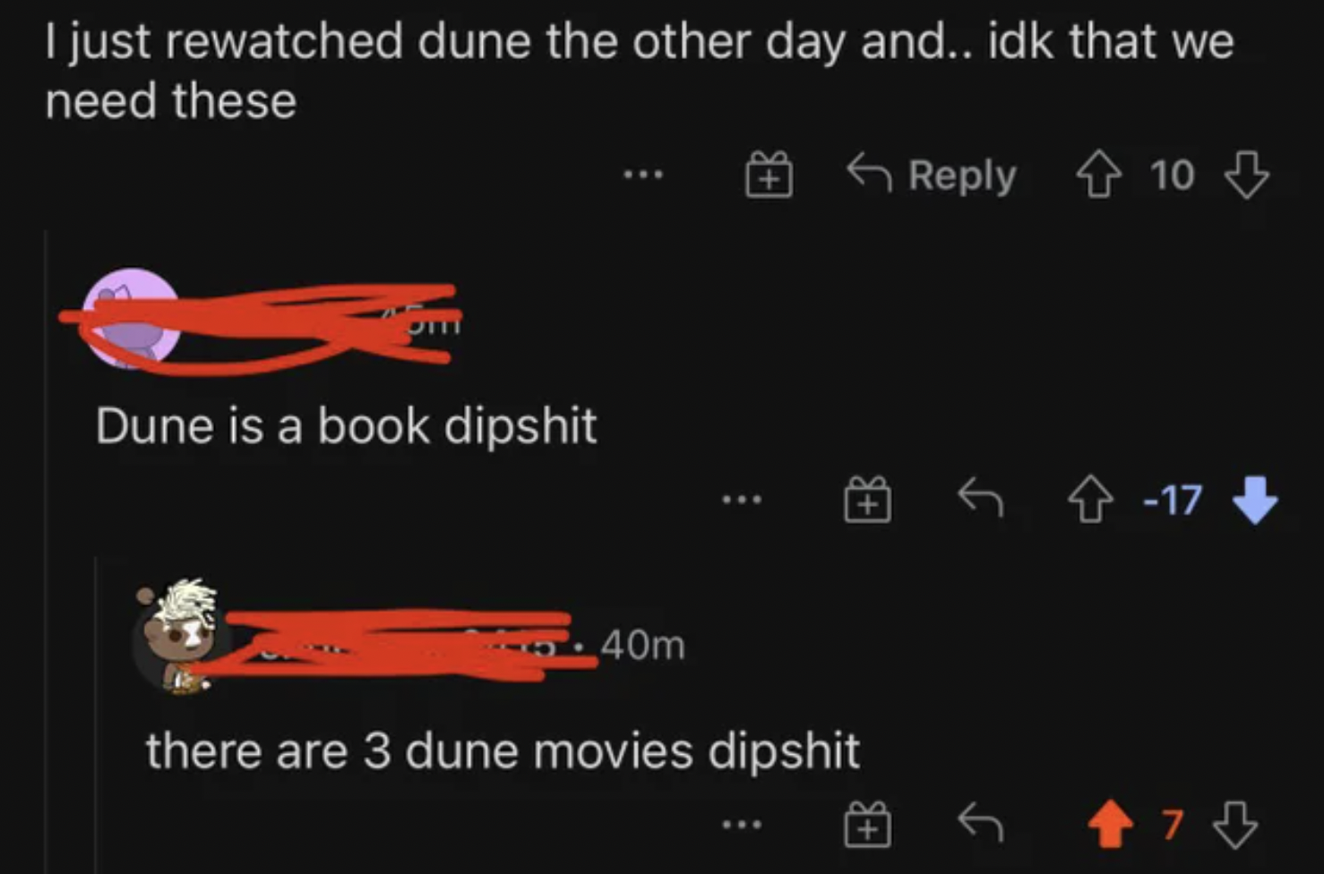 orange - I just rewatched dune the other day and.. idk that we need these Dune is a book