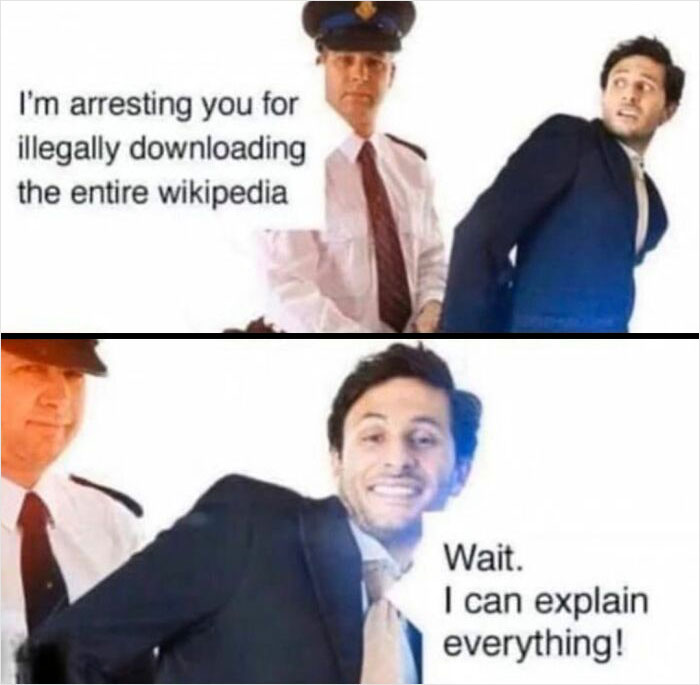 relatable memes - i m arresting you for illegally downloading the entire wikipedia - I'm arresting you for illegally downloading the entire wikipedia Wait. I can explain everything!