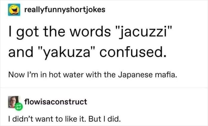 relatable memes - now im in hot water with the japanese mafia - reallyfunnyshortjokes I got the words "jacuzzi" and "yakuza" confused. Now I'm in hot water with the Japanese mafia. flowisaconstruct I didn't want to it. But I did.