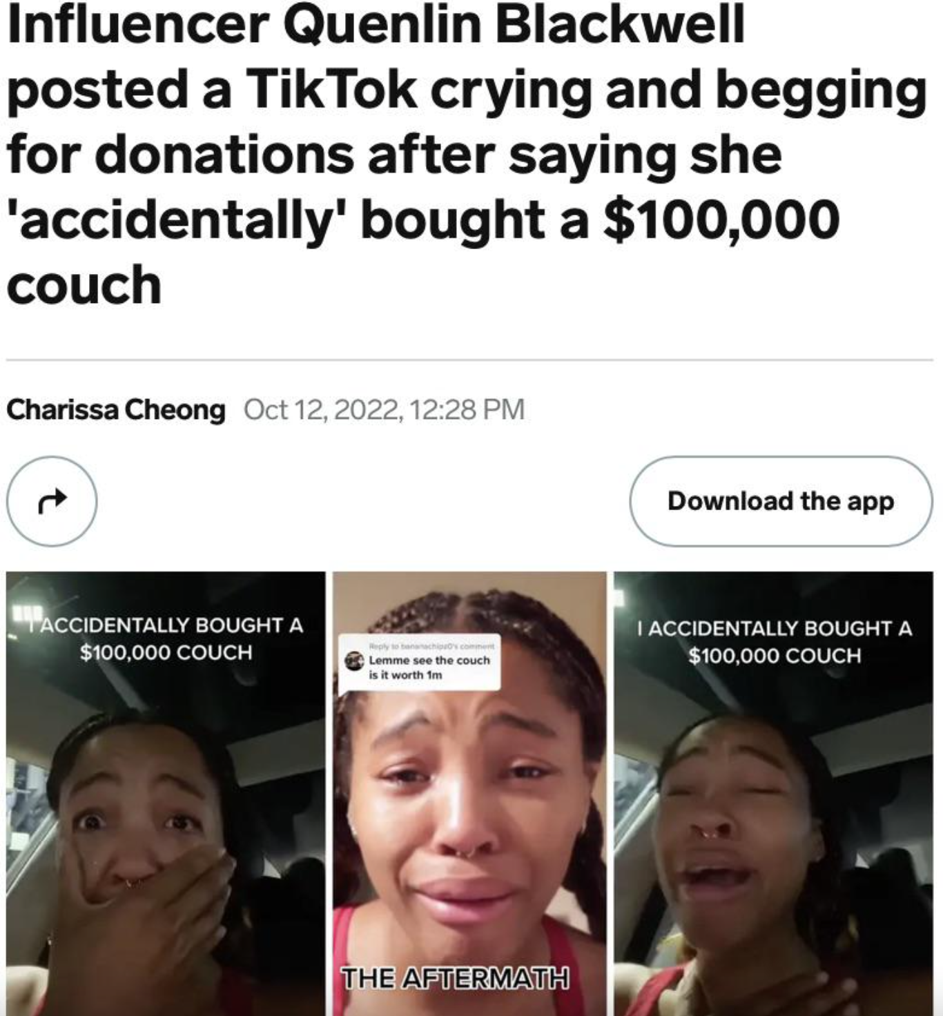 posted a TikTok crying and begging for donations after saying she 'accidentally' bought a $100,000 couch