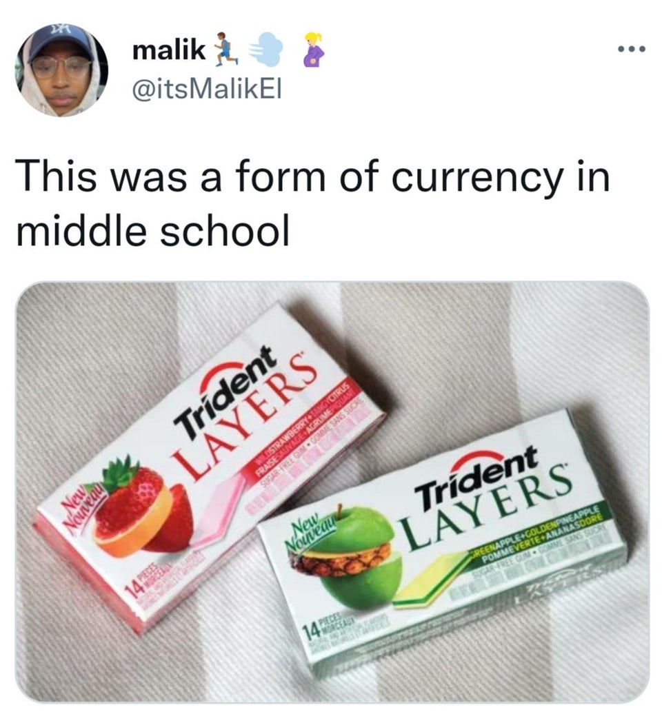 daily dose of pics and memes - trident layers gum - malik This was a form of currency in middle school New Nouveau Trident Layers Pieces Ngycitrus Wildstrawberry Rumepaguant Do Lugdut Fraise Sauvage SugarFree Gum Gomme Sans Sucre Bett New Nouveau Pieces 1