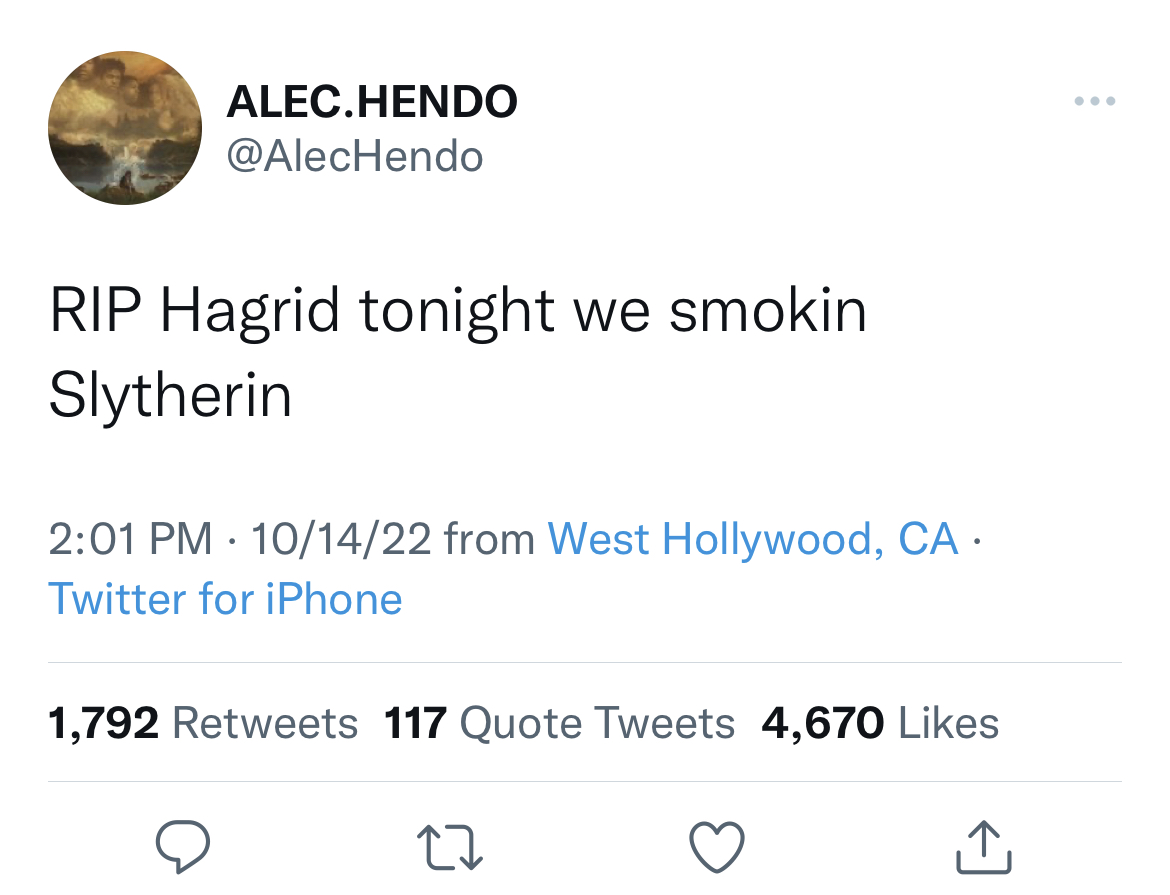 Tweets of the week - daniel ricciardo twitter he's ok - Alec.Hendo Rip Hagrid tonight we smokin Slytherin 101422 from West Hollywood, Ca . Twitter for iPhone 1,792 117 Quote Tweets 4,670 27