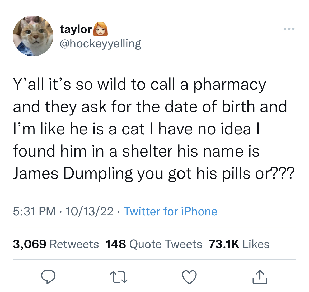 Tweets of the week - angle - taylor Y'all it's so wild to call a pharmacy and they ask for the date of birth and I'm he is a cat I have no idea I found him in a shelter his name is James Dumpling you got his pills or??? 101322 Twitter for iPhone 3,069 148