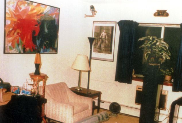 A corner of his living room with more art depicting men in suggestive positions.