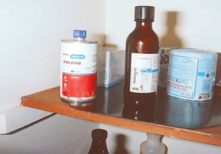 A photo taken of Dahmer's chemicals of choice including Chloroform that he used to subdue his victims.