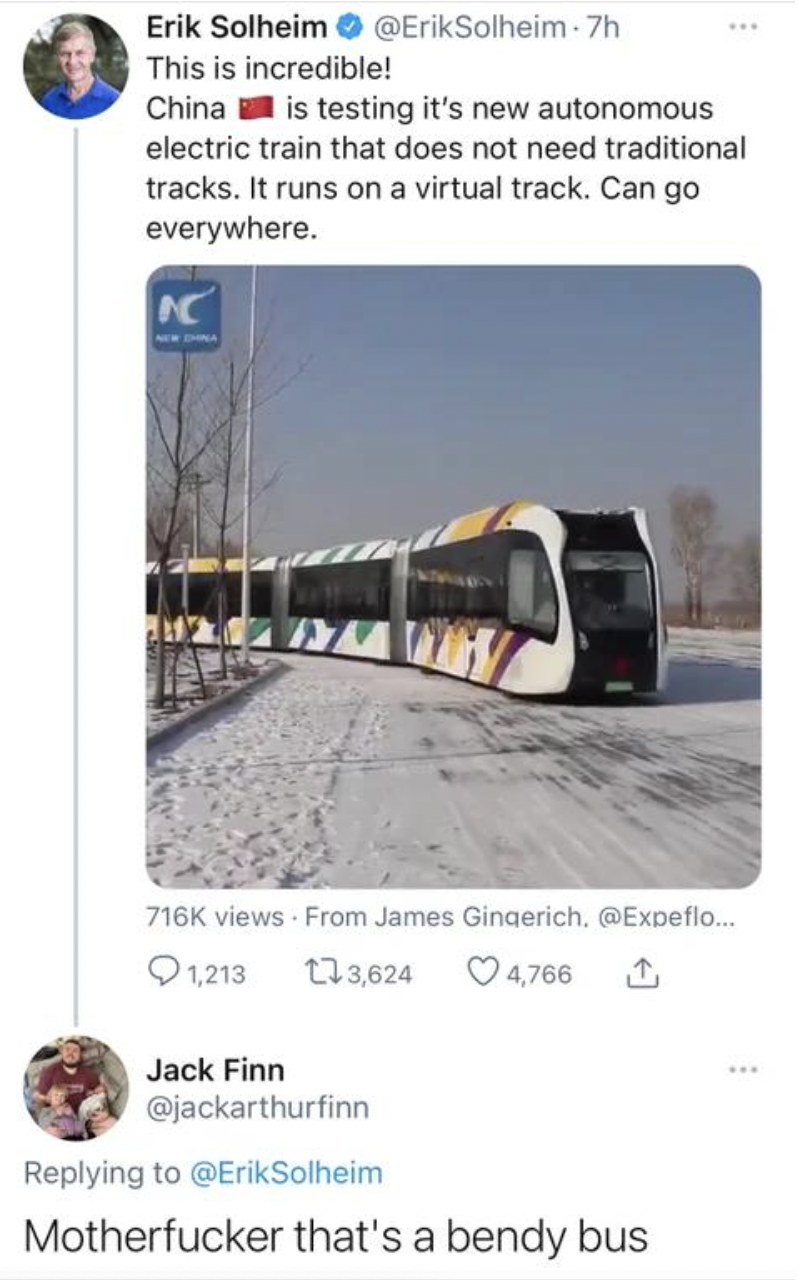 freaky fails - his is incredible! China is testing it's new autonomous electric train that does not need traditional tracks. It runs on a virtual track. Can g