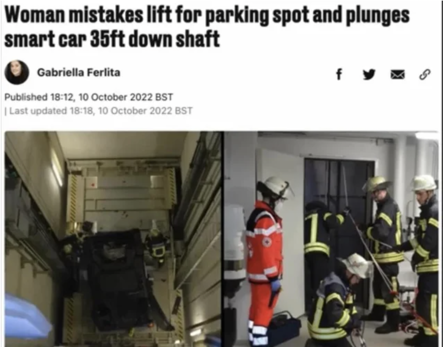 freaky fails - Elevator - Woman mistakes lift for parking spot and plunges smart car 35ft down shaft