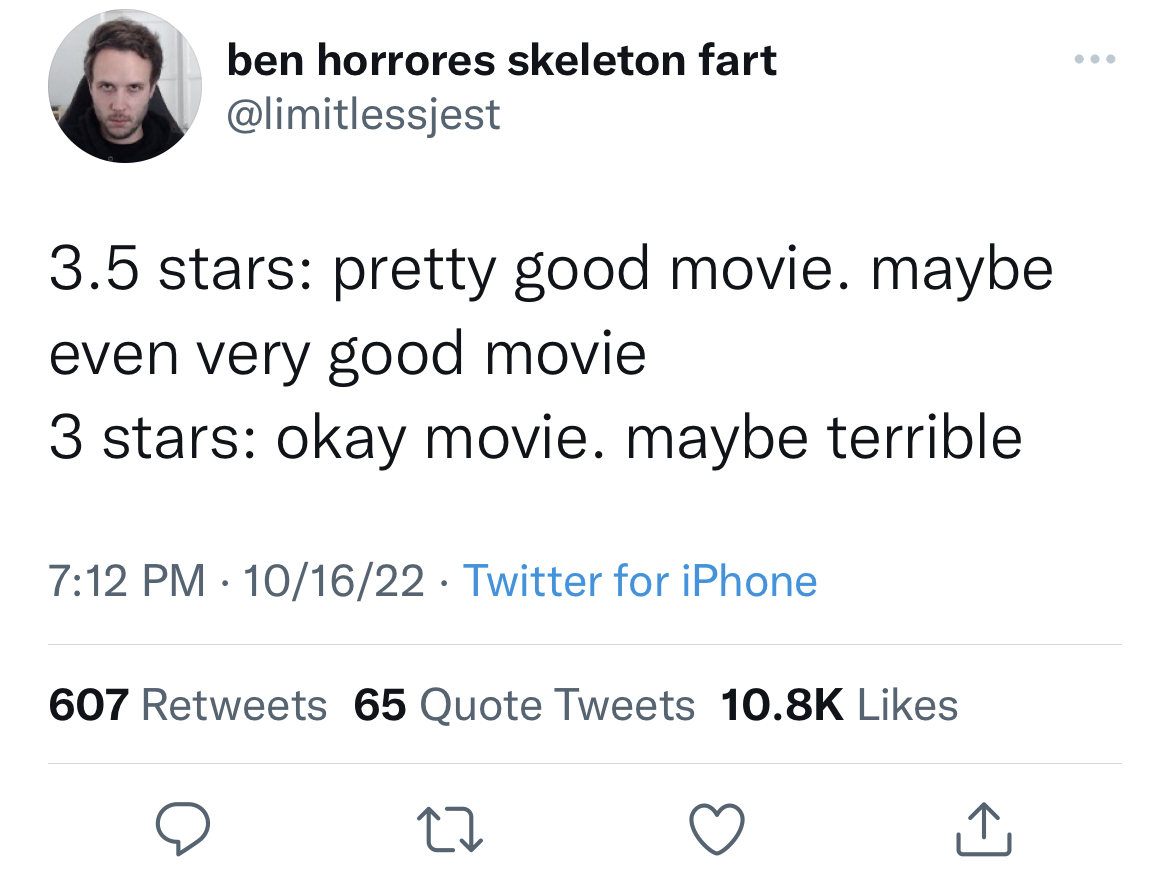 savage tweets to start the week - ben horrores skeleton fart 3.5 stars pretty good movie. maybe even very good movie 3 stars okay movie. maybe terrible 101622 Twitter for iPhone 607 65 Quote Tweets 27