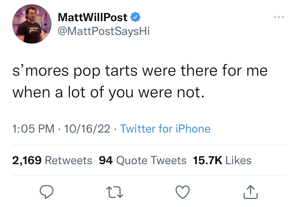savage tweets to start the week - giggling in the trojan horse - I Just Can'T MattWillPost s'mores pop tarts were there for me when a lot of you were not. 101622 Twitter for iPhone 2,169 94 Quote Tweets 27