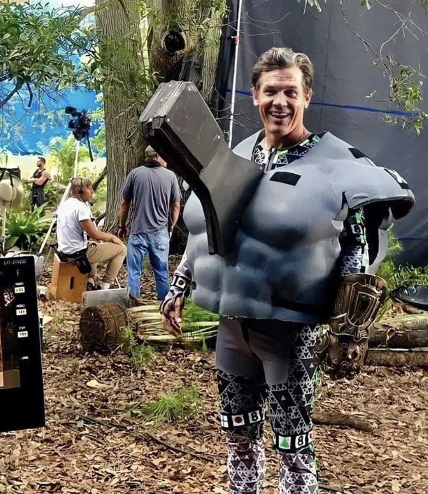 Josh Brolin (Thanos) taking a break and having a laugh on the set of 'Avengers: Infinity War.'