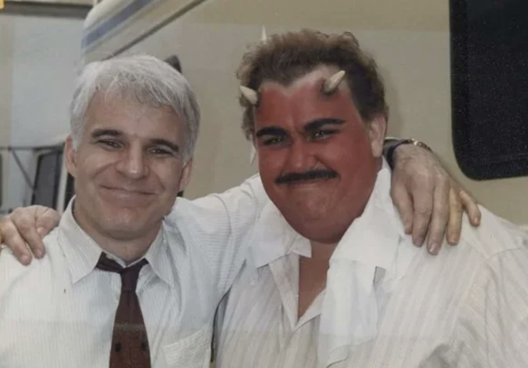 1987, Steve Martin and John Candy on the set of their hit comedy, 'Planes, Trains, and Automobiles.'
