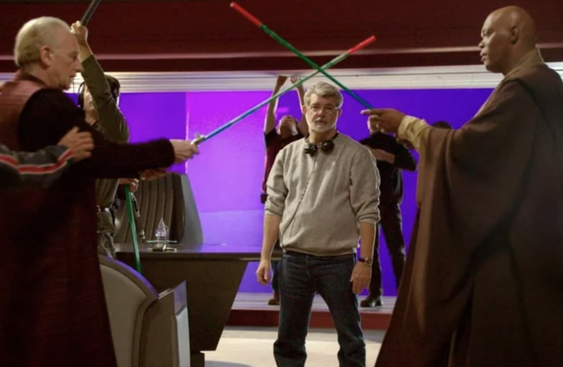 George Lucas directing some stage combat on the set of 'Revenge of the Sith.'
