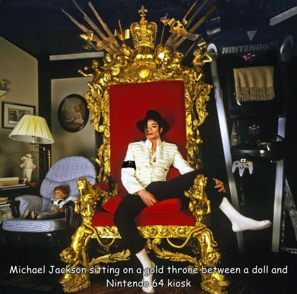 daily dose of randoms - michael jackson king - Stefa Nintendo D Michael Jackson sitting on a gold throne between a doll and Nintendo 64 kiosk