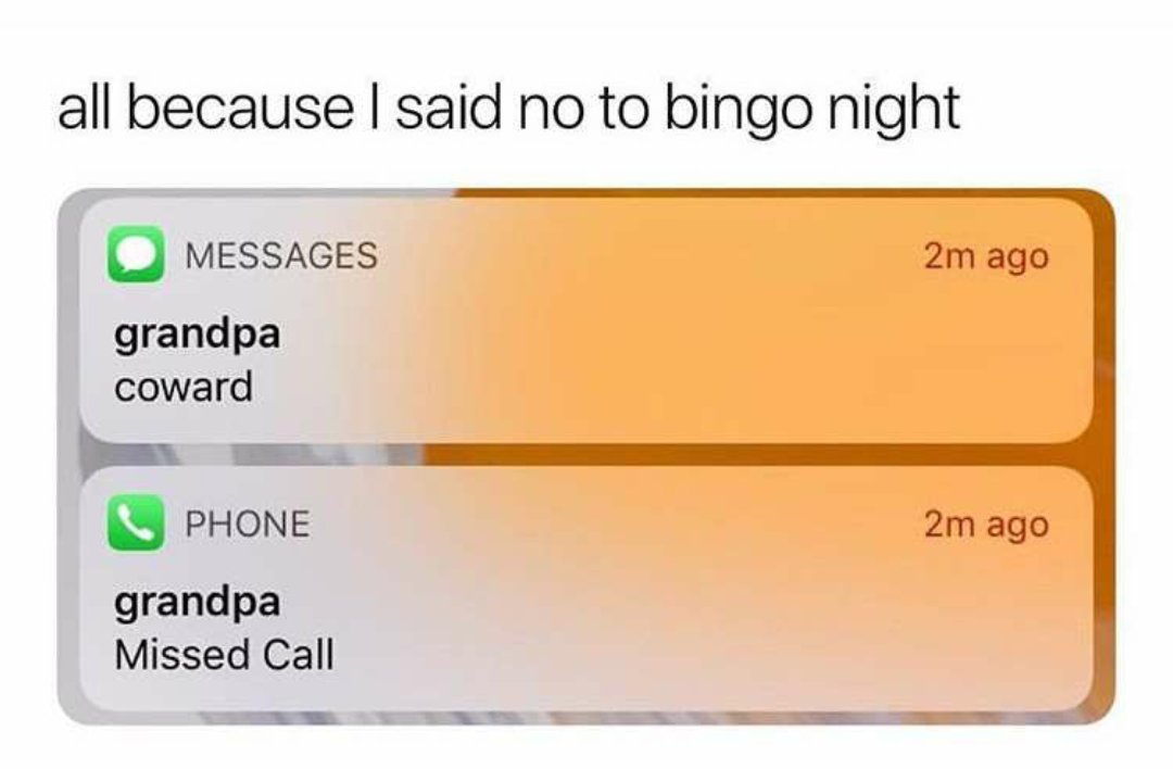 relatable memes - all because i said no to bingo night - all because I said no to bingo night Messages grandpa coward Phone grandpa Missed Call 2m ago 2m ago