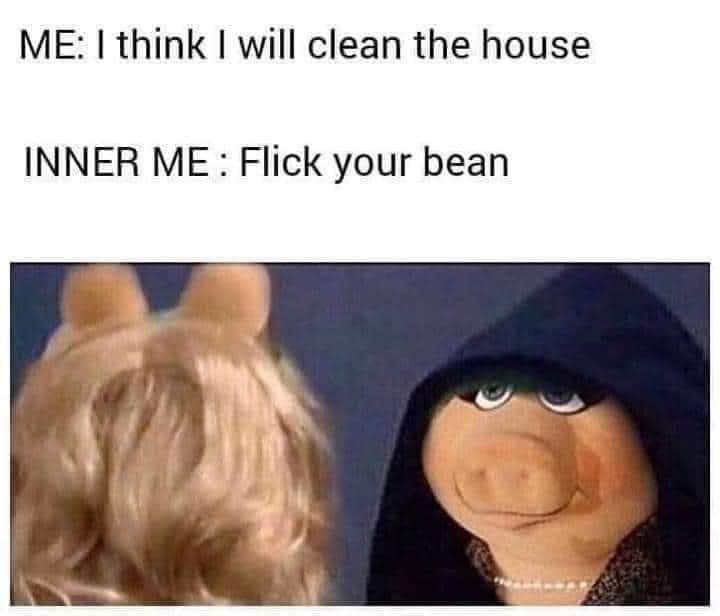 spicy sex memes - miss piggy hoodie meme - Me I think I will clean the house Inner Me Flick your bean