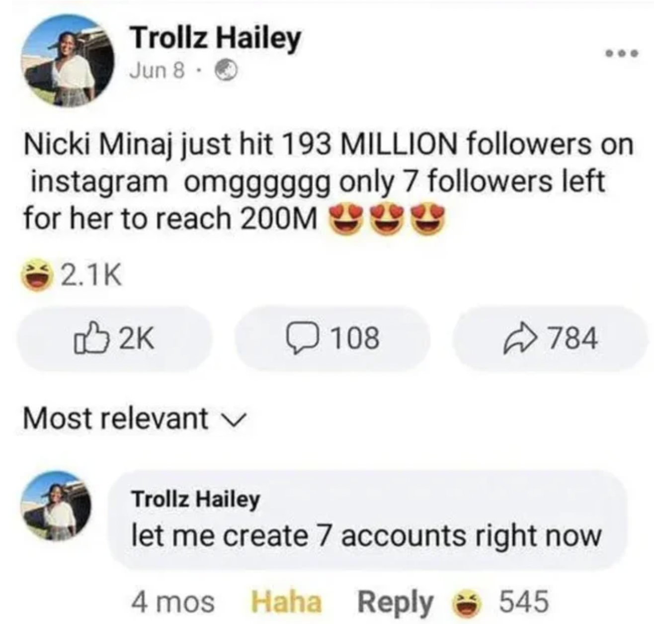 Funny Facepalms and Fails - Nicki Minaj just hit 193 Million ers on instagram