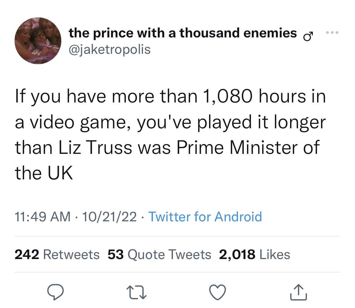 Photograph - the prince with a thousand enemies If you have more than 1,080 hours in a video game, you've played it longer than Liz Truss was Prime Minister of the Uk 102122 Twitter for Android 242 53 Quote Tweets 2,018 27