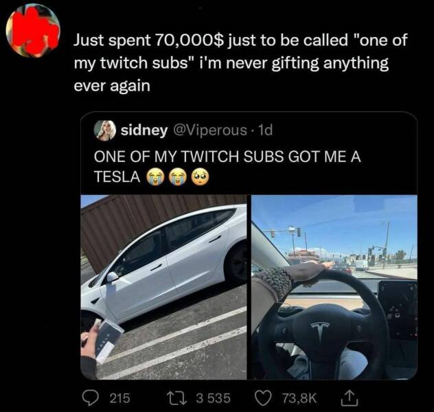 monday morning randomness - viperous tesla - Just spent 70,000$ just to be called "one of my twitch subs" i'm never gifting anything ever again sidney . 1d One Of My Twitch Subs Got Me A Tesla 215 3 535