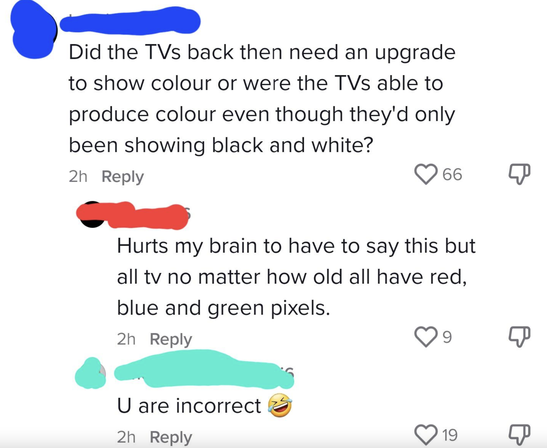 Confidently Incorrect - diagram - Did the TVs back then need an upgrade to show colour or were the TVs able to produce colour even though they'd only been showing black and white?