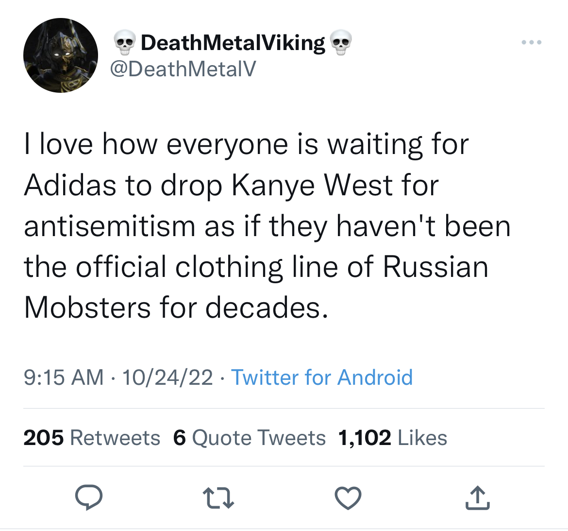 tweets roasting celebs - vanessa carlton taylor swift - Death MetalViking. I love how everyone is waiting for Adidas to drop Kanye West for antisemitism as if they haven't been the official clothing line of Russian Mobsters for decades. 102422 Twitter for