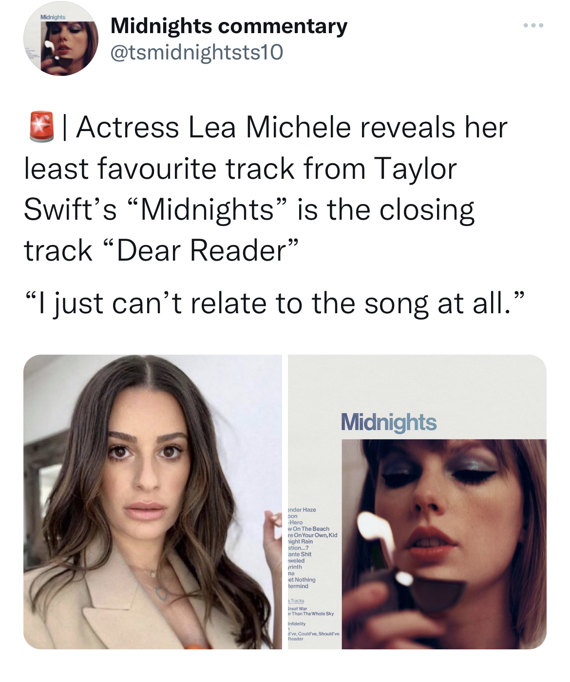 tweets roasting celebs - taylor swift midnight lavender - Midnights commentary | Actress Lea Michele reveals her least favourite track from Taylor Swift's "Midnights" is the closing track "Dear Reader" "I just can't relate to the song at all." Midnights