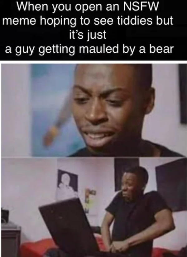photo caption - When you open an Nsfw meme hoping to see tiddies but it's just a guy getting mauled by a bear