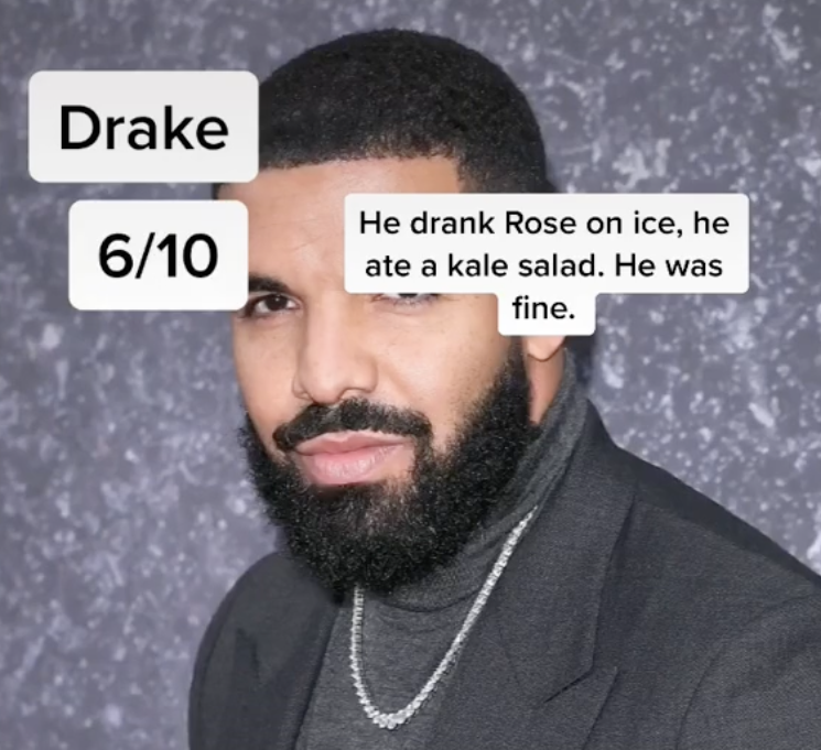 Ranking Celebrity Diners - drake gay - Drake 610 He drank Rose on ice, he ate a kale salad. He was fine.