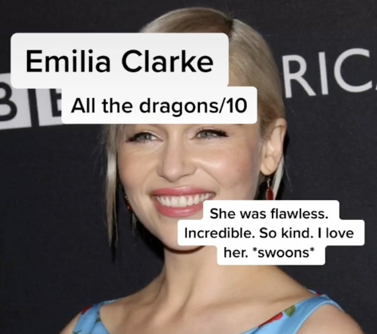 Ranking Celebrity Diners - photo caption - Emilia Clarke Bi All the dragons10 Ric She was flawless. Incredible. So kind. I love her. swoons