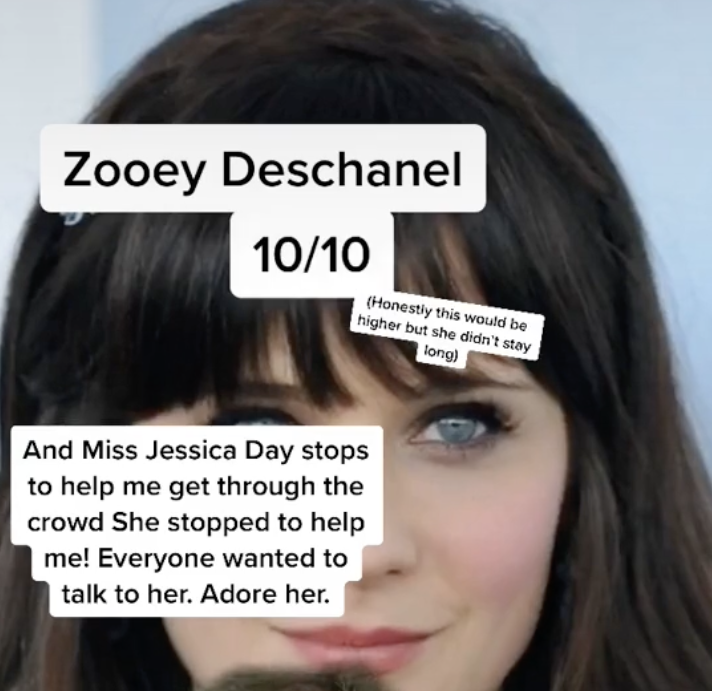 Ranking Celebrity Diners - black hair - Zooey Deschanel 1010 Honestly this would be higher but she didn't stay long And Miss Jessica Day stops to help me get through the crowd She stopped to help me! Everyone wanted to talk to her. Adore her.