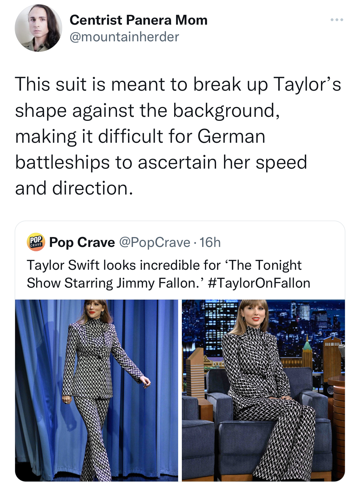 Tweets dunking on celebs - sleeve - Centrist Panera Mom This suit is meant to break up Taylor's shape against the background, making it difficult for German battleships to ascertain her speed and direction. Pop Crave 16h Taylor Swift looks incredible for 