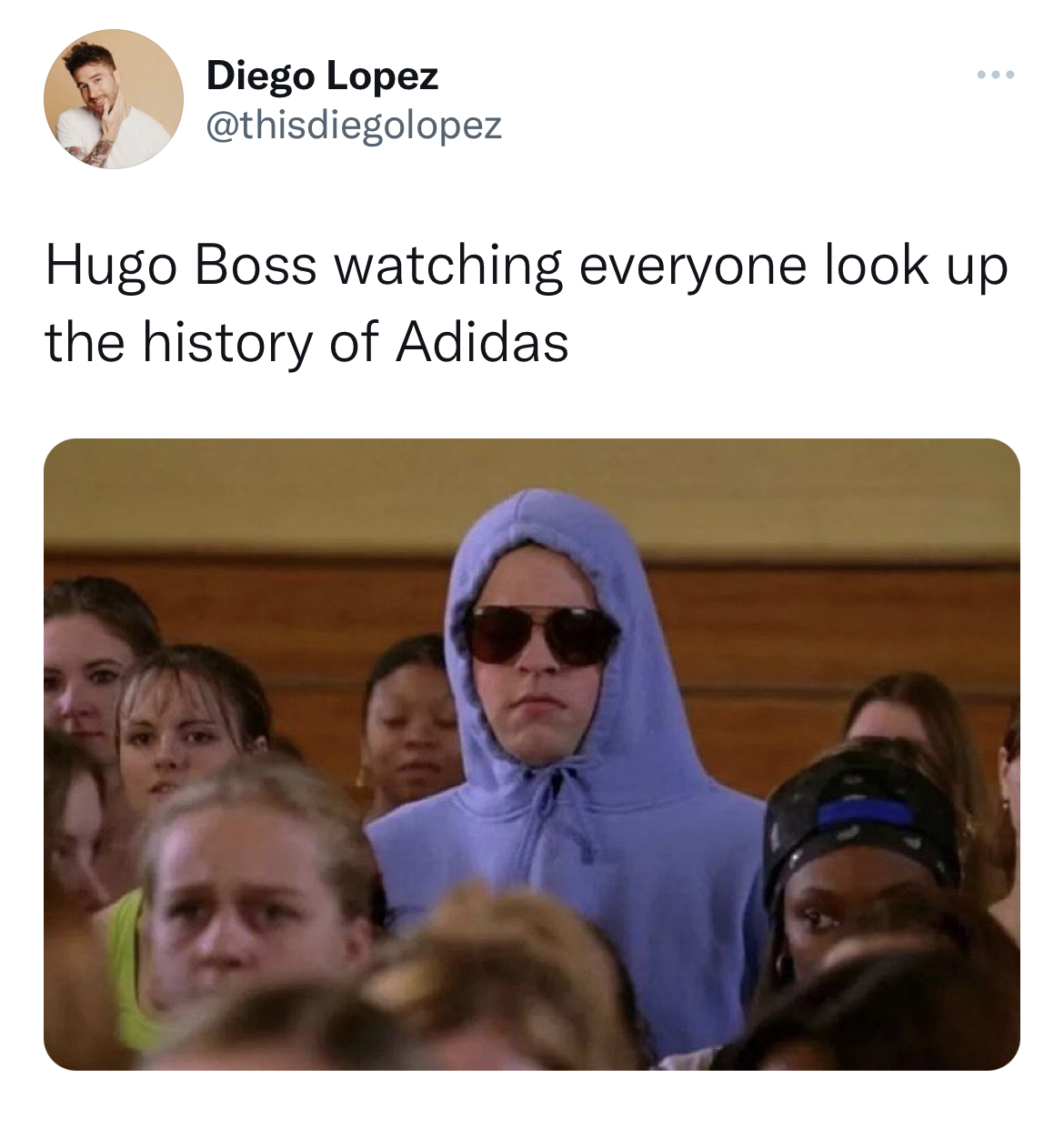 Tweets dunking on celebs - doesn t even go here - Diego Lopez Hugo Boss watching everyone look up the history of Adidas