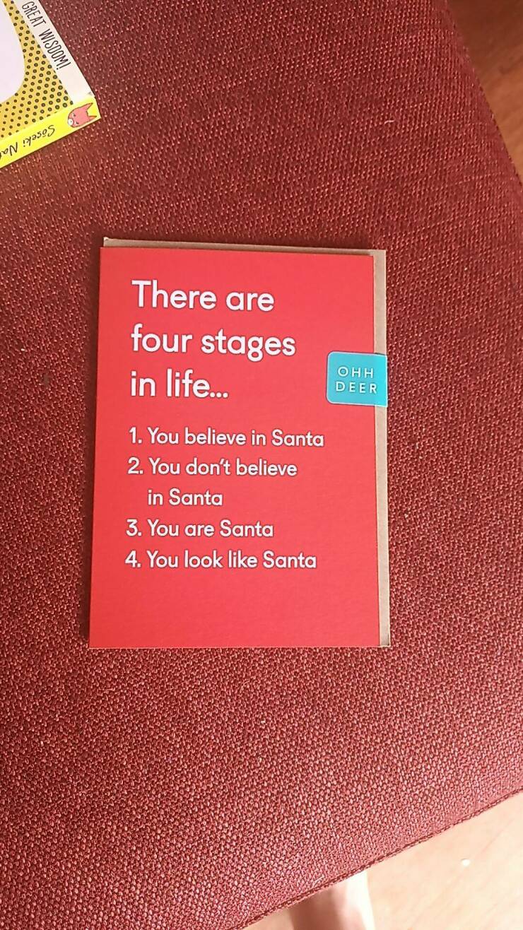 daily dose of random pics - label - Great Wisdom! non pos There are four stages in life... 1. You believe in Santa 2. You don't believe in Santa 3. You are Santa 4. You look Santa Ohh Deer