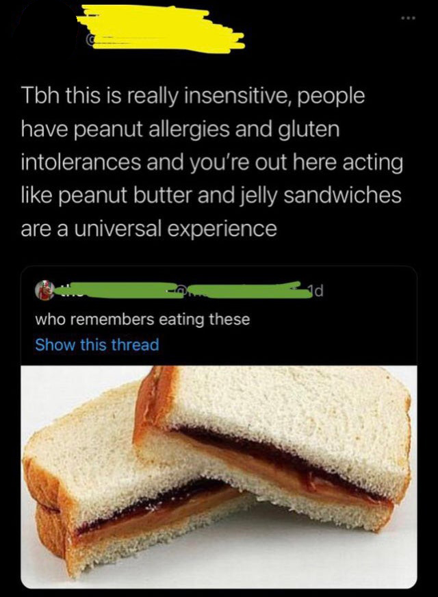 funny memes and pics - peanut butter and jelly sandwich - Tbh this is really insensitive, people have peanut allergies and gluten intolerances and you're out here acting peanut butter and jelly sandwiches are a universal experience who remembers eating th