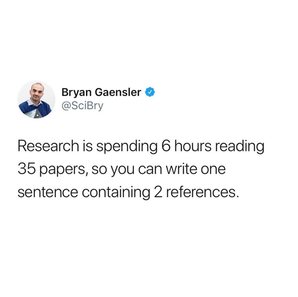 funny memes and pics - Bryan Gaensler Research is spending 6 hours reading 35 papers, so you can write one sentence containing 2 references.
