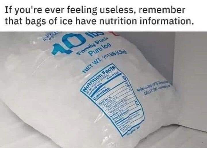 funny pics and memes - nutrition facts memes - If you're ever feeling useless, remember that bags of ice have nutrition information. Family Pack Pure Ice Net Wt. 10 Lbs 45 Nutrition Facts 20 servings per conten Gerving 237 sving Calories Total Fat FeDo Tw